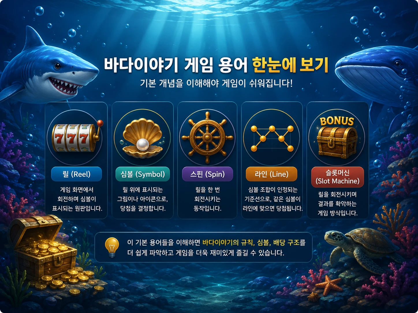 바다이야기 게임의 기본 용어인 릴, 심볼, 스핀, 라인, 슬롯머신을 설명하는 일러스트