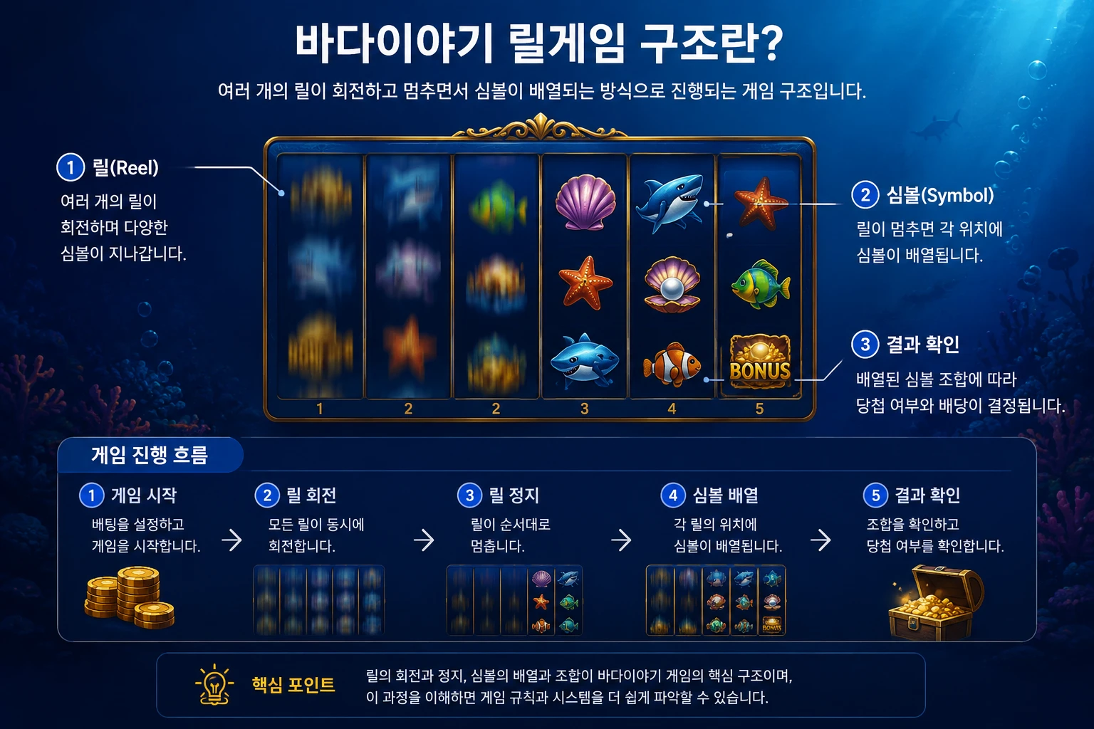 바다이야기 릴게임 구조와 릴 회전, 심볼 배열, 게임 진행 과정을 설명한 인포그래픽