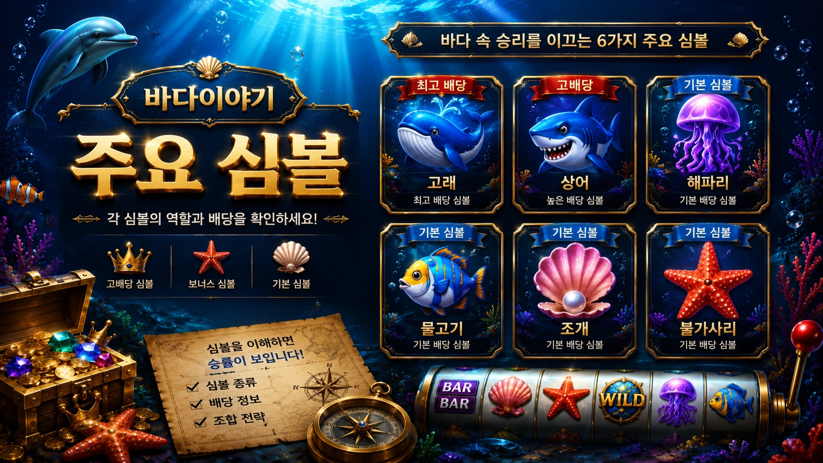 바다이야기 주요 심볼인 고래, 상어, 해파리, 물고기, 조개, 불가사리를 정리한 안내 이미지