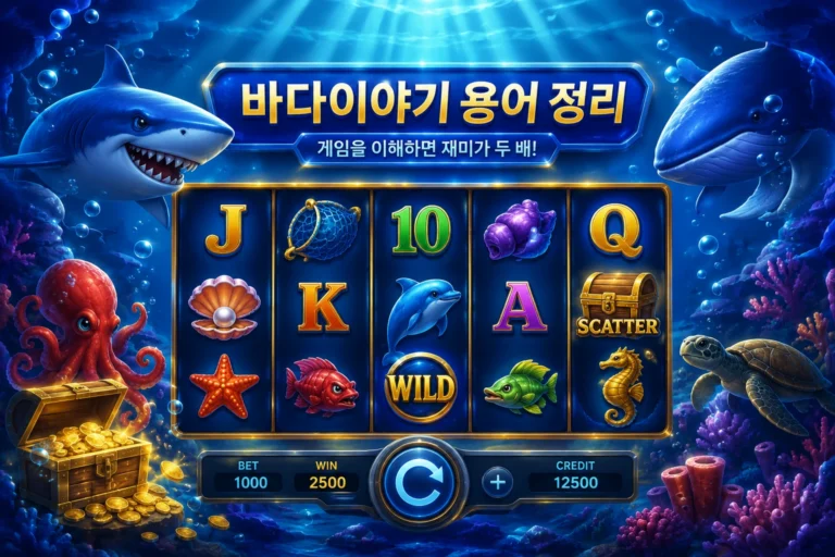 바다이야기 게임의 주요 용어와 릴, 심볼, Wild, Scatter를 표현한 일러스트