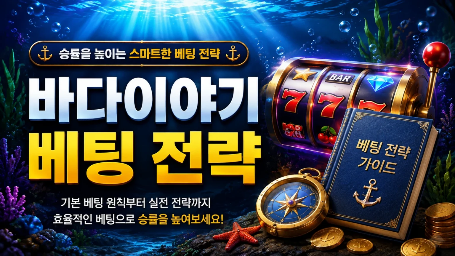 바다이야기 베팅 전략 가이드 썸네일로 슬롯 머신과 베팅 전략 가이드북을 활용해 기본 베팅 원칙과 실전 전략을 소개하는 이미지