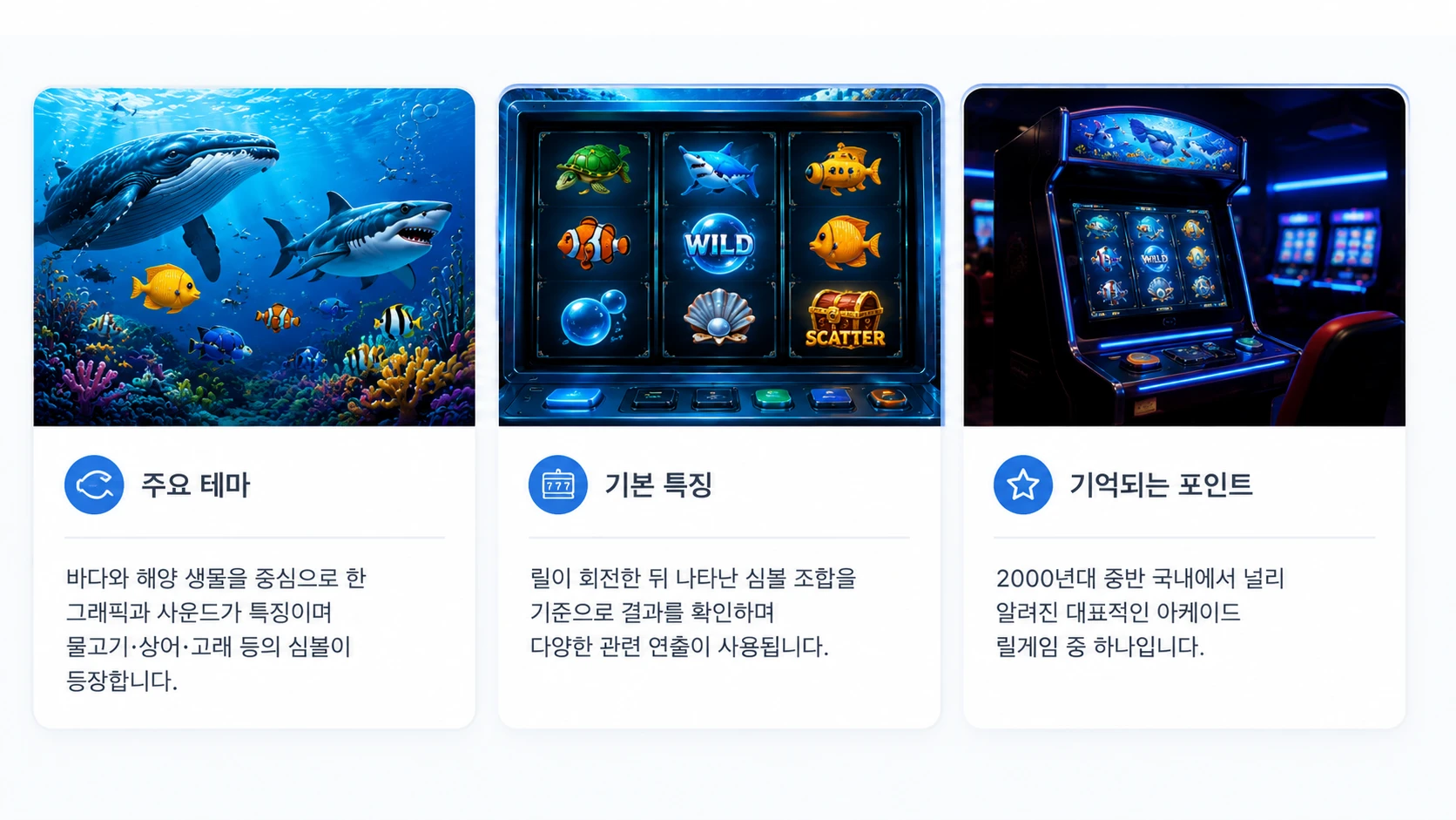 바다이야기 해양 테마와 릴 심볼 구조 및 주요 특징을 정리한 카드형 이미지