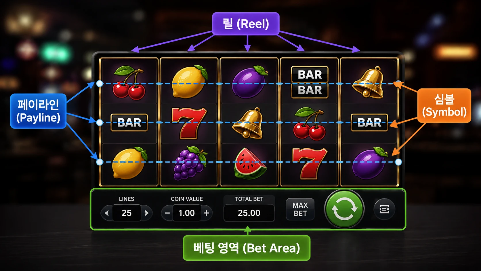 릴과 심볼, 페이라인, 베팅 영역을 표시한 릴게임 기본 화면 구조