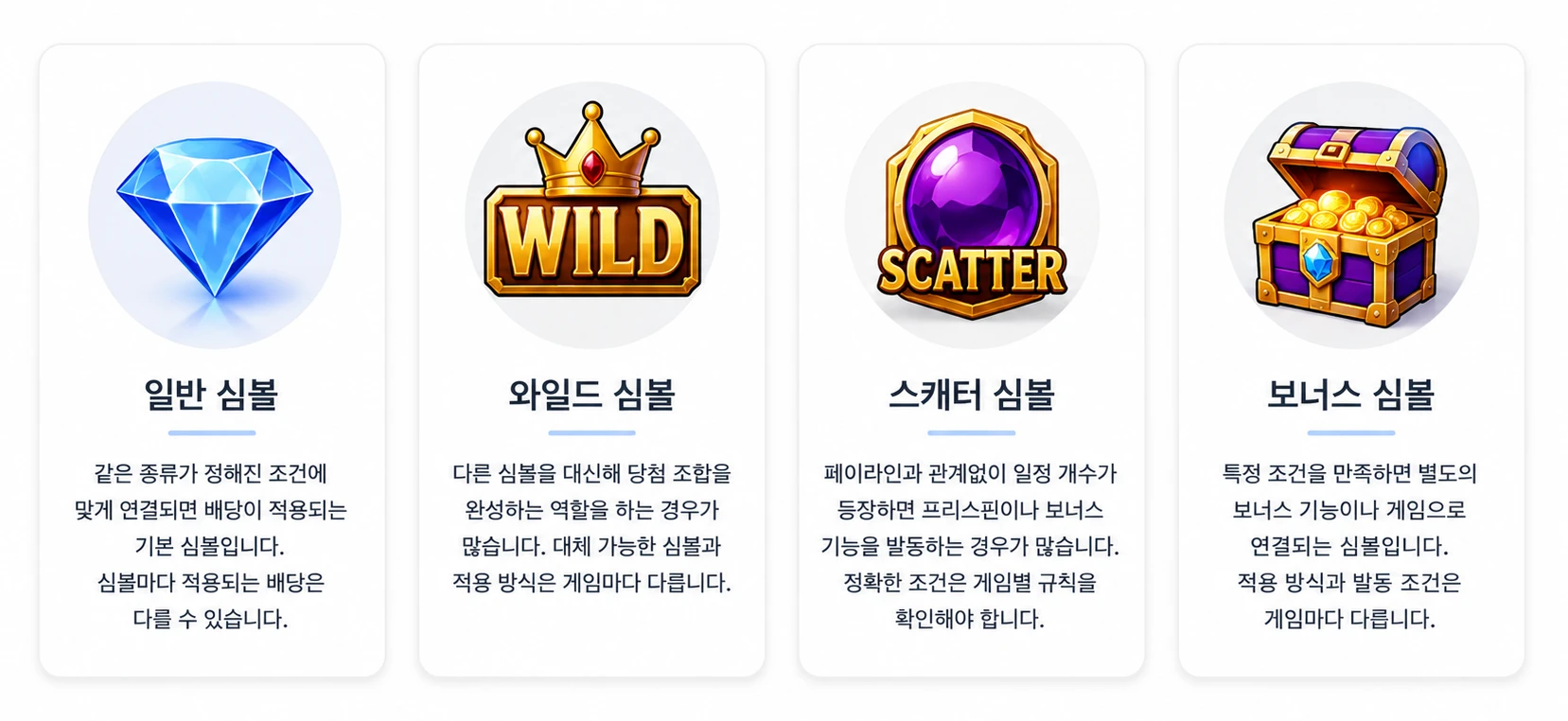 일반 심볼 와일드 심볼 스캐터 심볼 보너스 심볼의 역할을 설명하는 릴게임 심볼 종류