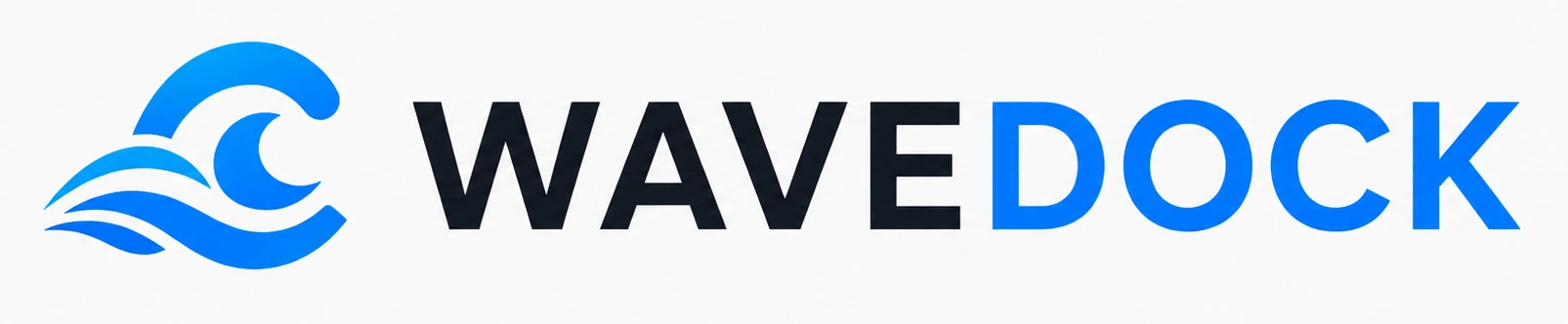 파도 심볼과 블랙 WAVE, 블루 DOCK 텍스트로 구성된 WAVEDOCK 로고
