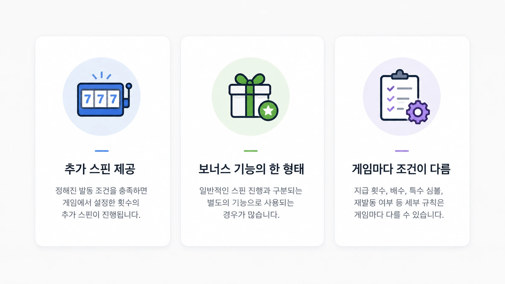 프리스핀의 추가 스핀 제공과 보너스 기능, 게임별 조건 차이를 정리한 카드 이미지