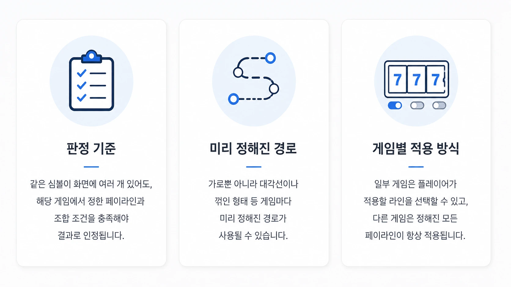릴게임 페이라인의 판정 기준과 경로 및 게임별 적용 방식을 설명하는 카드 이미지